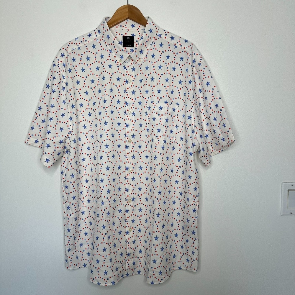 Visive Button Down Shirt Sz 2XL White Blue‎ Red Stars Novelty Print